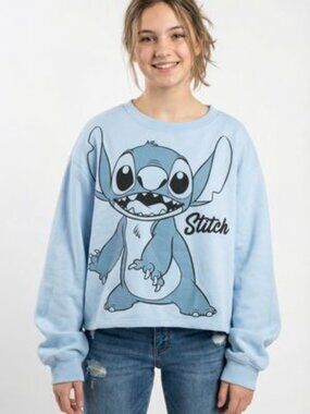 Disney Stitch Hoodie Sweatshirt Womens Juniors Size XXXL/21 Blue Cropped Fleece